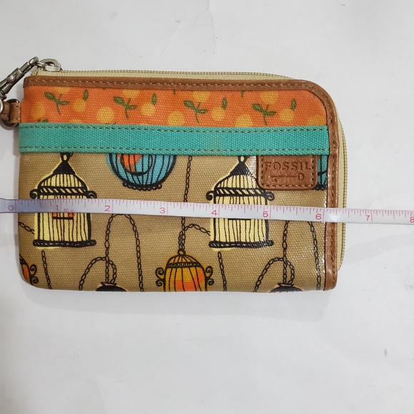 Fossil Key-Per Wristlet Wallet Boho Bird Birdcage Orange Tan Zip Strap Hippie - Picture 10 of 11